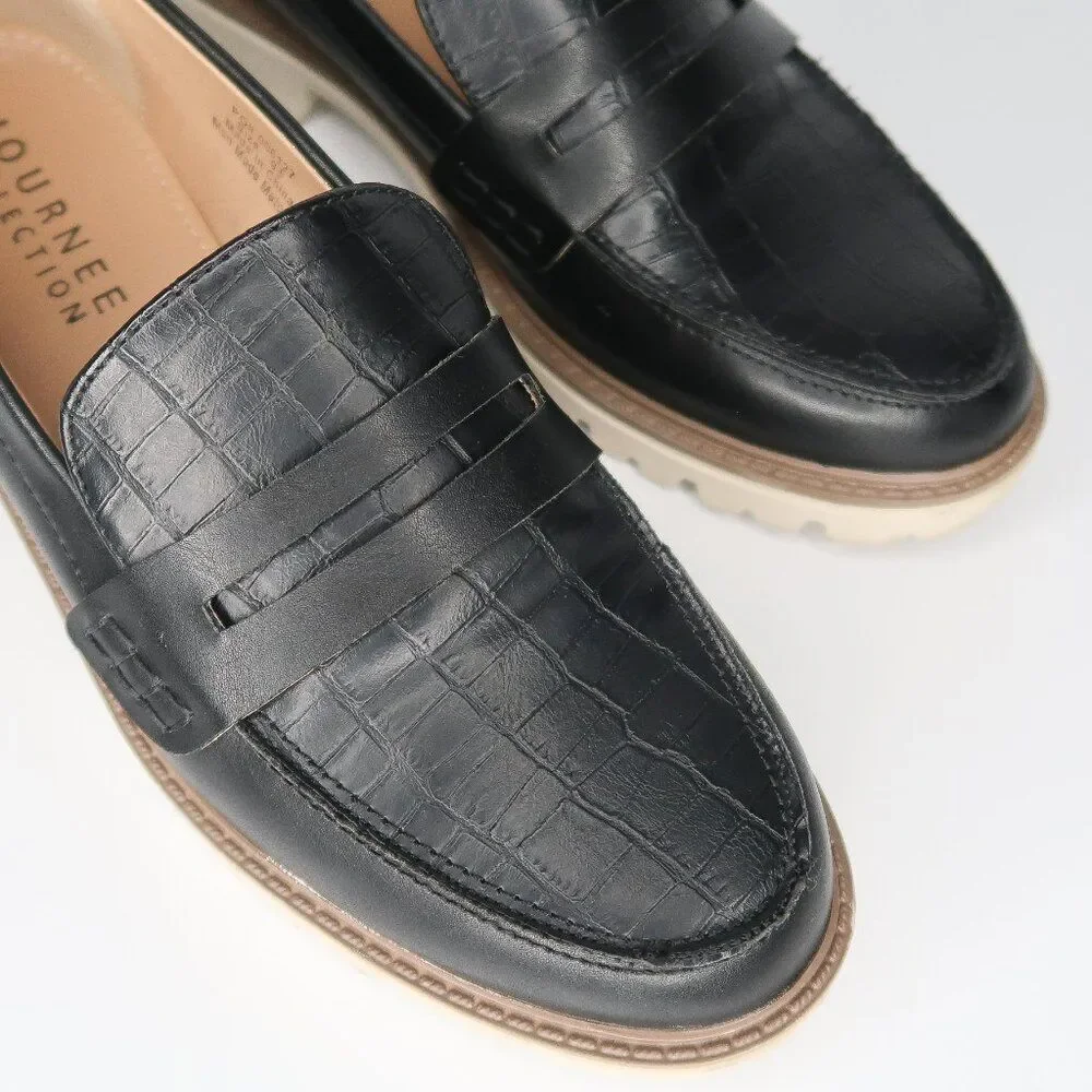Journee Collection Womens Black Croc Embossed Lug Sole Penny Loafers Size‎ 9.5
